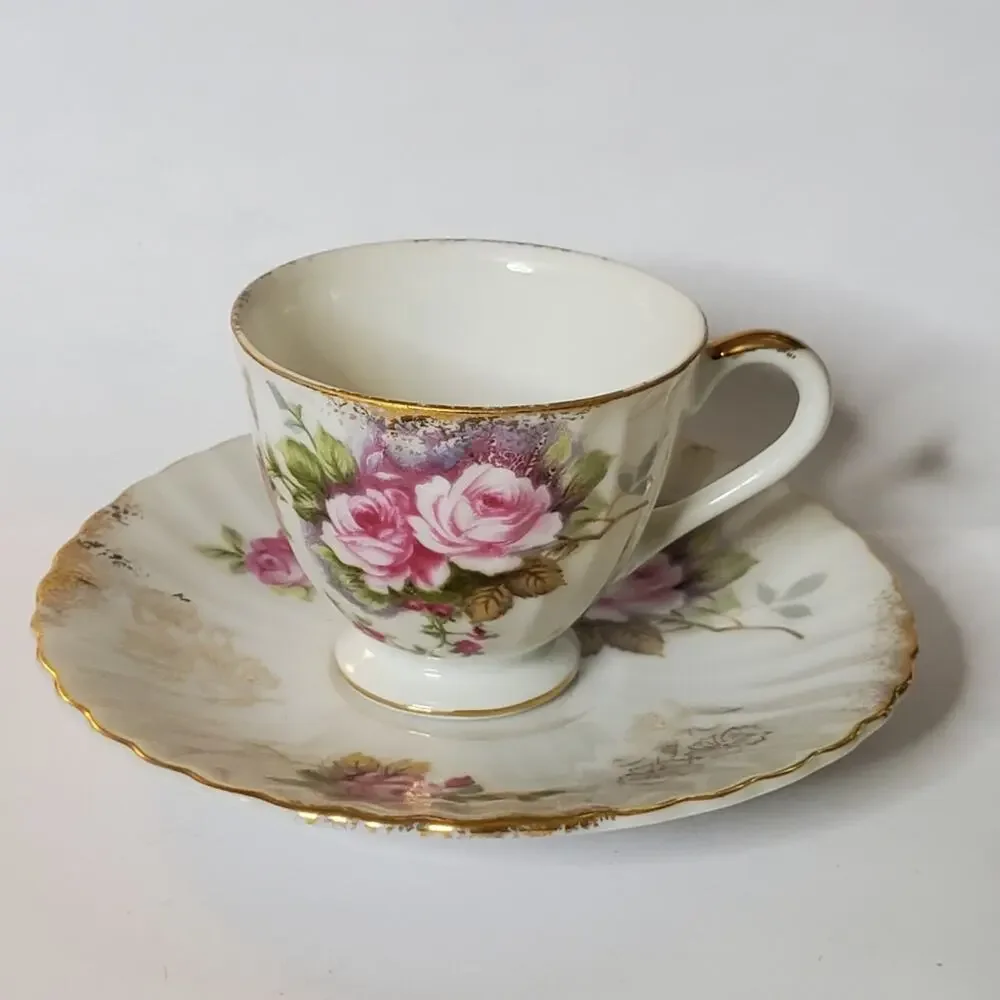 Vintage Mid Century Marco Tea Cup and Saucer Set pink rose gold trim Great condi